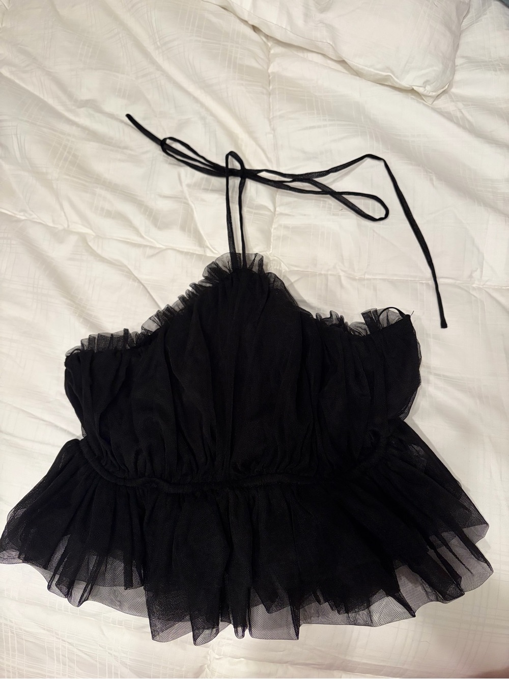Black Halter Ruffle Mesh Top